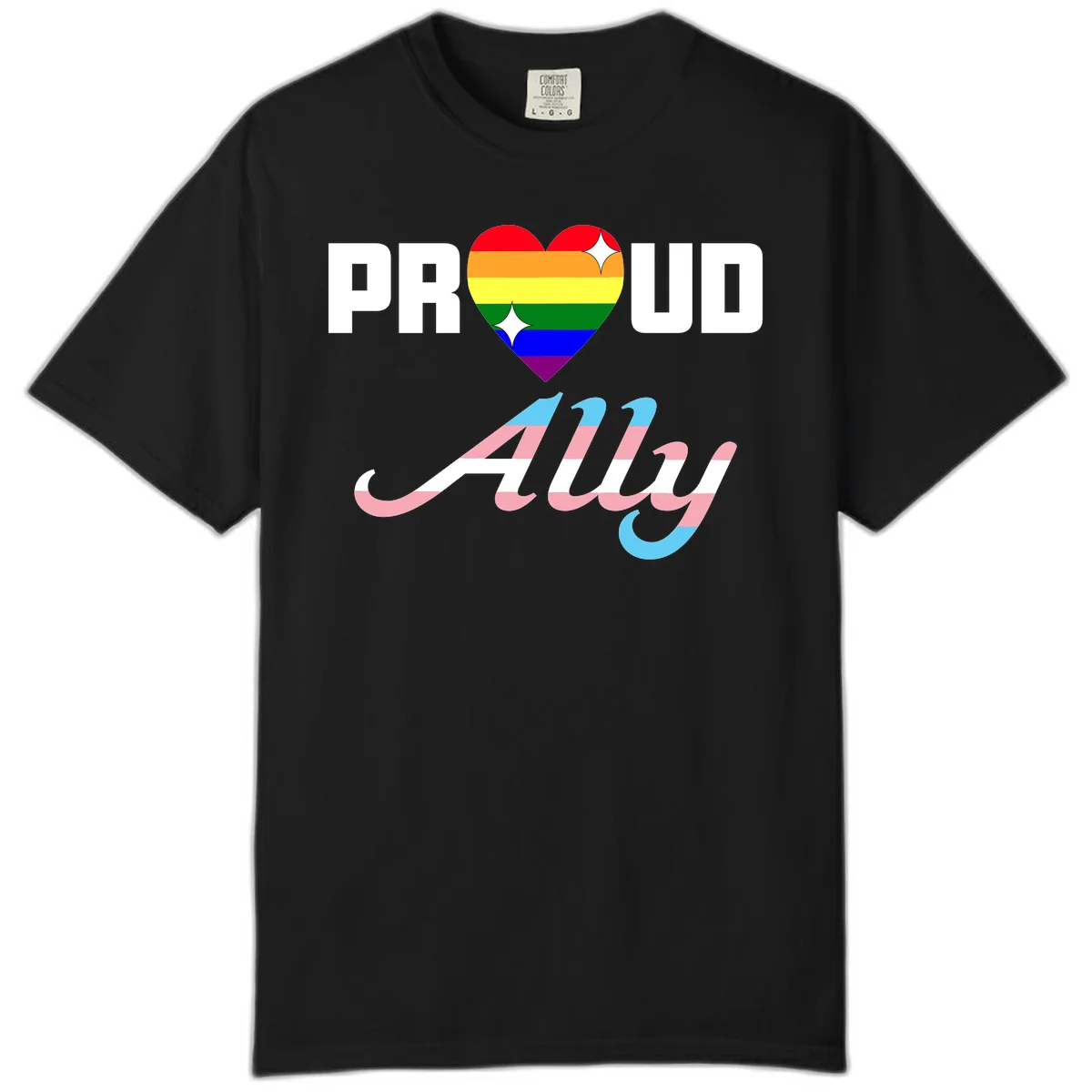 Proud ally pride design with rainbow heart and trans flag script text on gray background in Black
