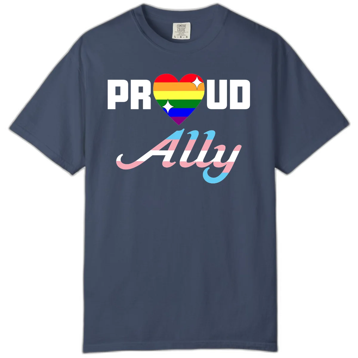 Proud ally pride design with rainbow heart and trans flag script text on gray background in Midnight