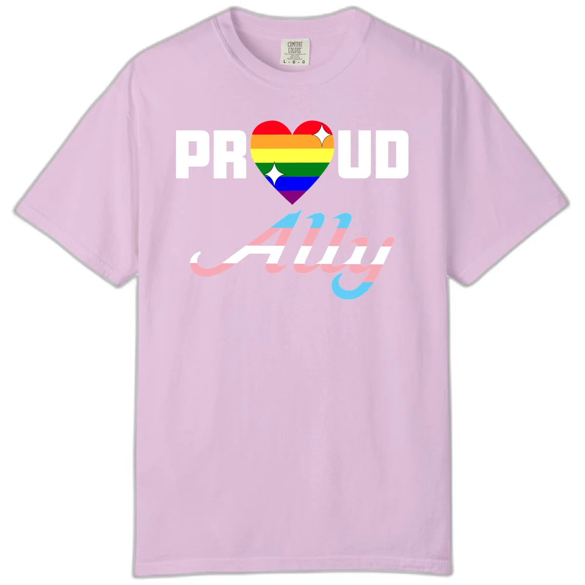 Proud ally pride design with rainbow heart and trans flag script text on gray background in Orchid