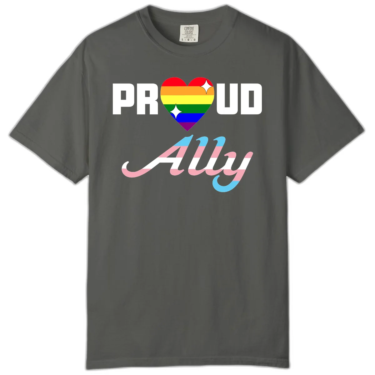 Proud ally pride design with rainbow heart and trans flag script text on gray background in Pepper