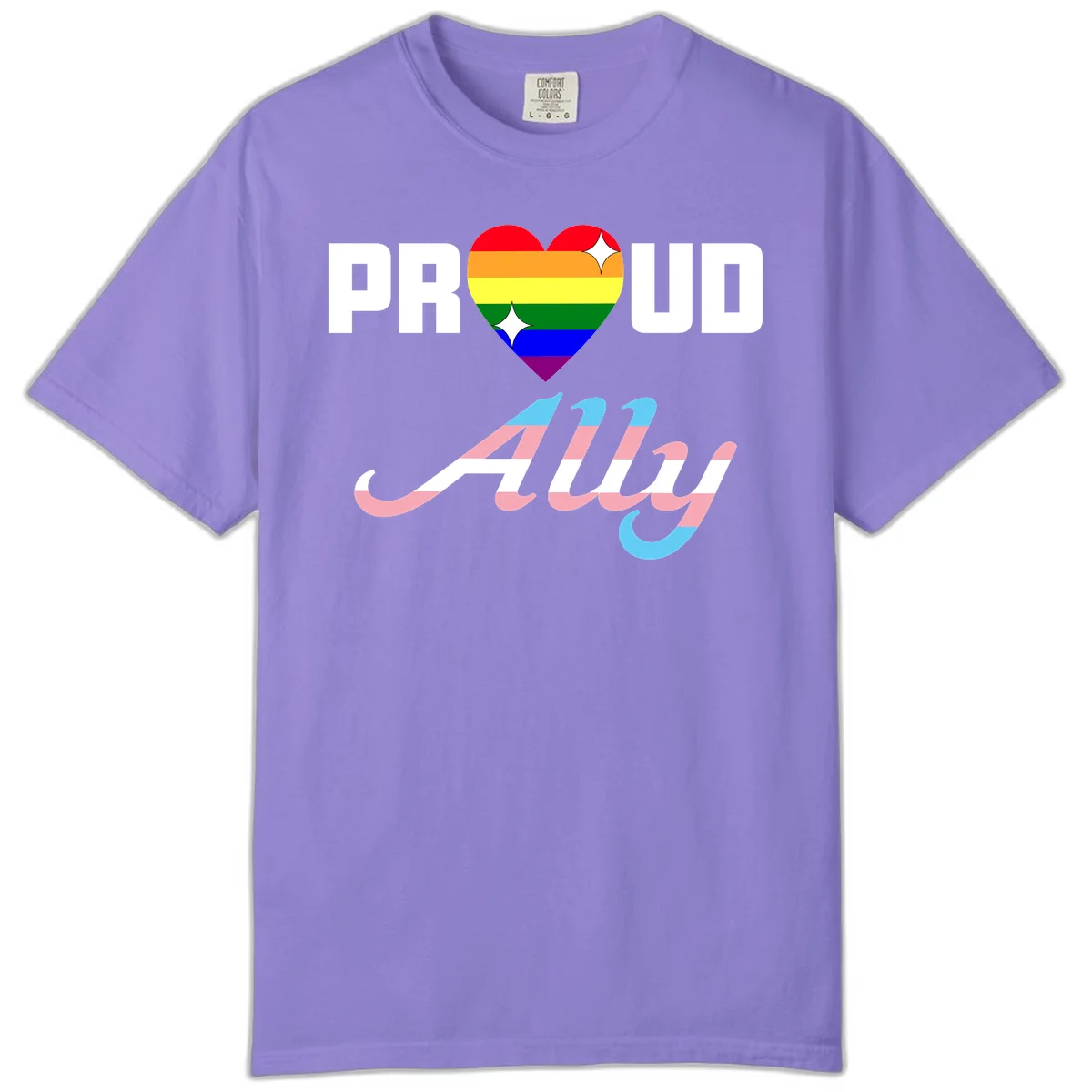 Proud ally pride design with rainbow heart and trans flag script text on gray background in Violet