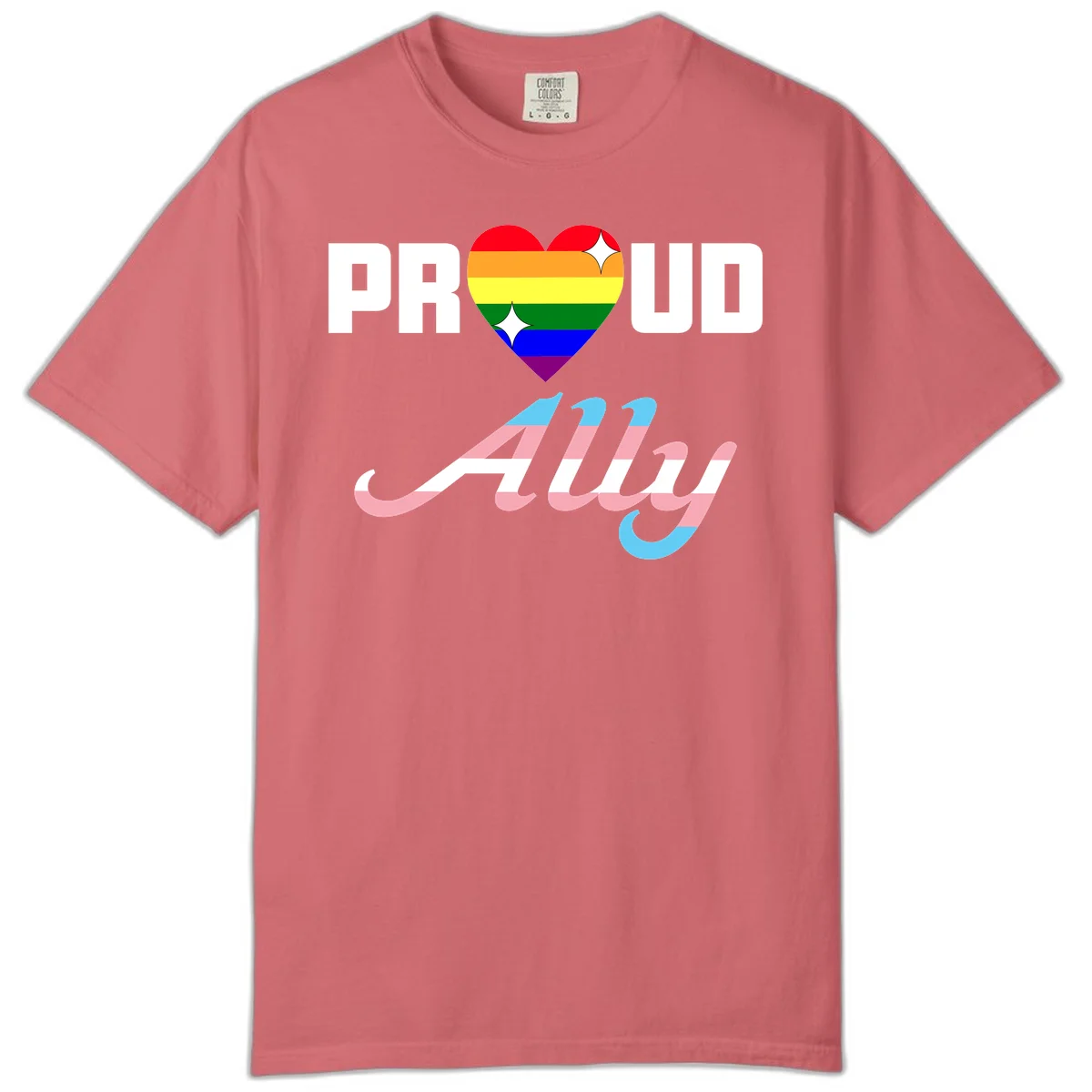 Proud ally pride design with rainbow heart and trans flag script text on gray background in Watermelon