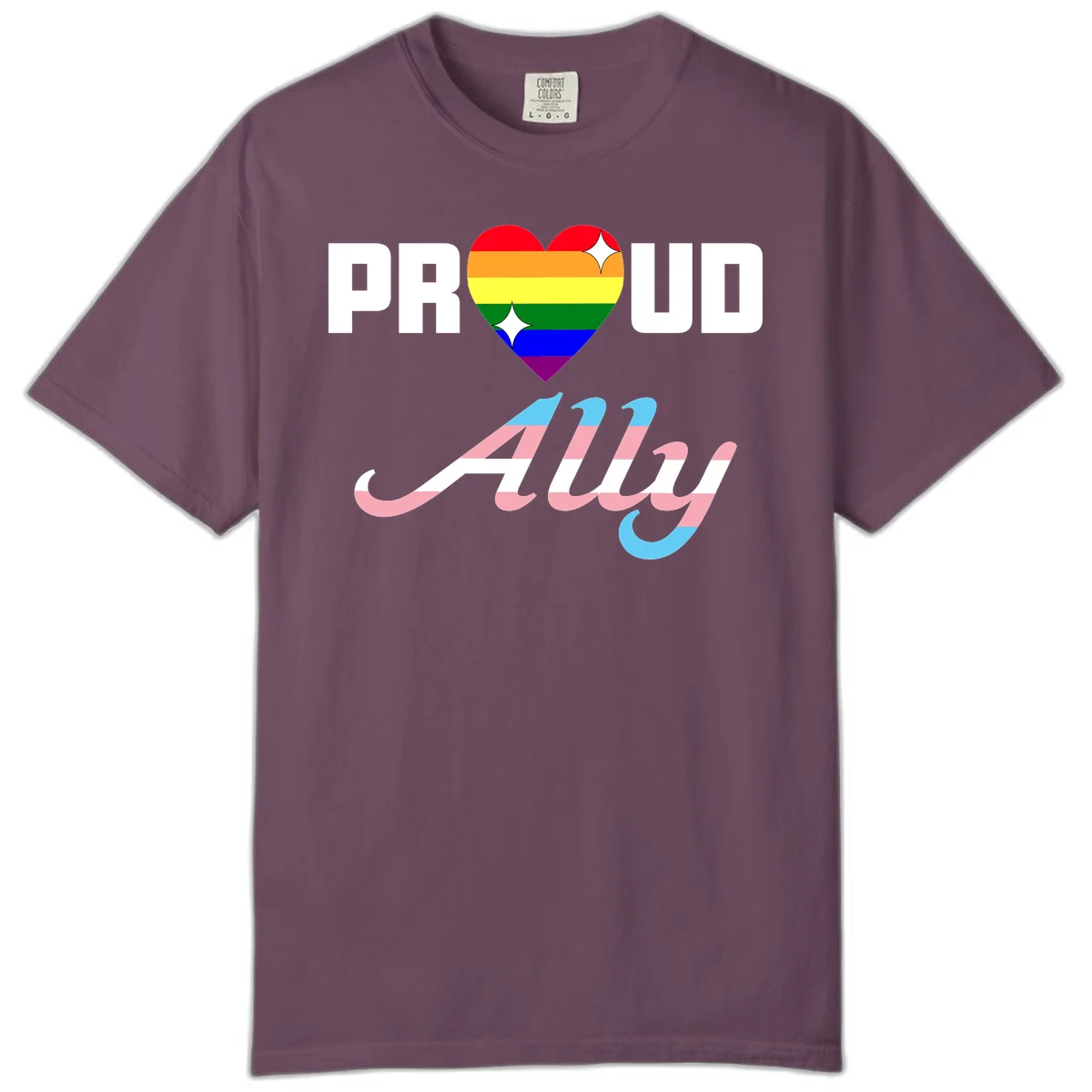 Proud ally pride design with rainbow heart and trans flag script text on gray background in Berry