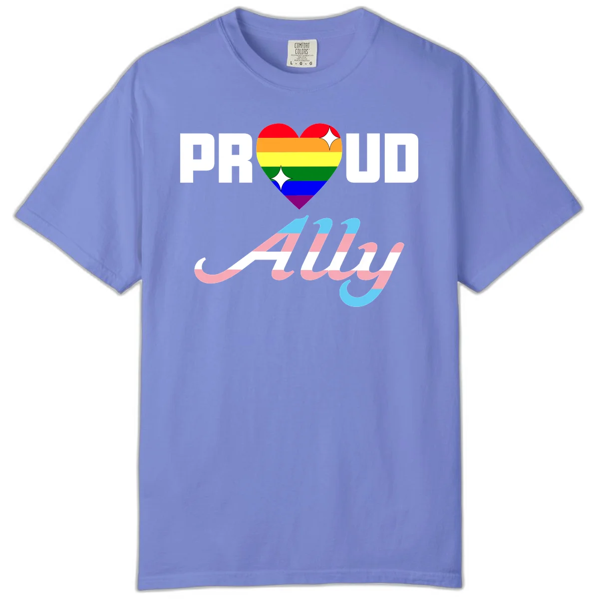 Proud ally pride design with rainbow heart and trans flag script text on gray background in Flo Blue
