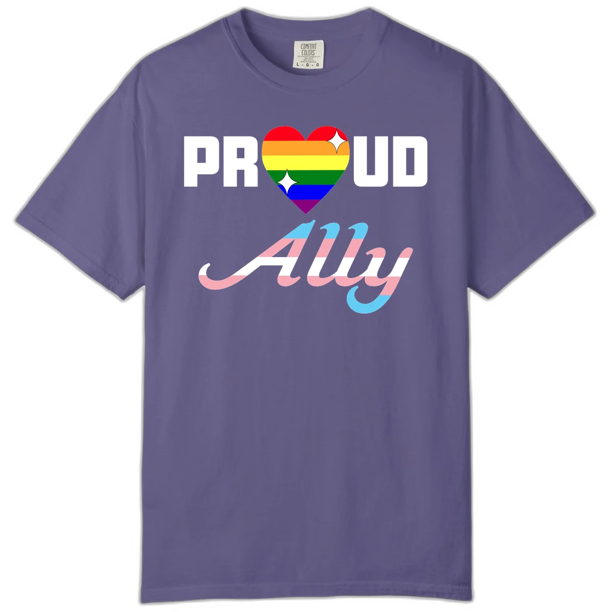 Proud ally pride design with rainbow heart and trans flag script text on gray background in Grape