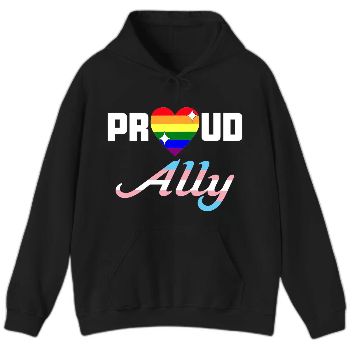 Proud ally pride design with rainbow heart and trans flag script text on gray background in Black