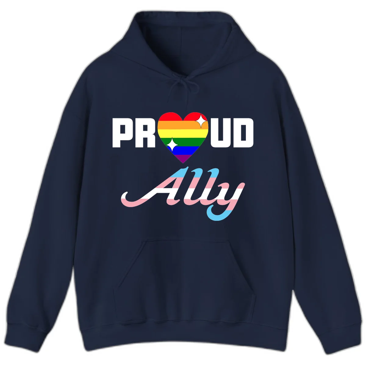 Proud ally pride design with rainbow heart and trans flag script text on gray background in Navy