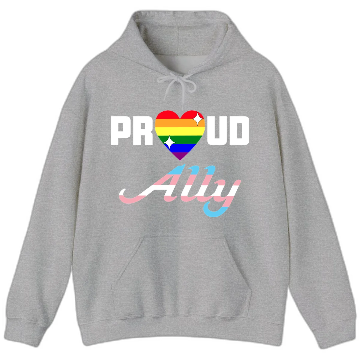 Proud ally pride design with rainbow heart and trans flag script text on gray background in Sport Grey