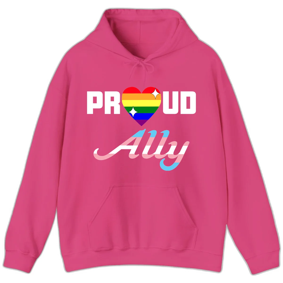 Proud ally pride design with rainbow heart and trans flag script text on gray background in Heliconia