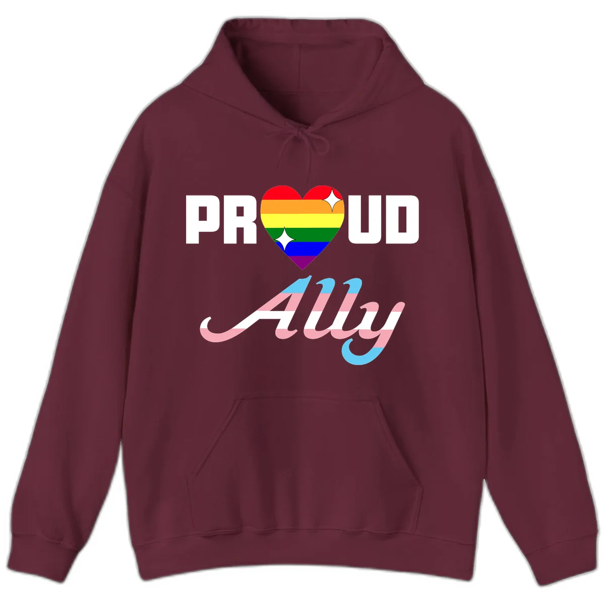 Proud ally pride design with rainbow heart and trans flag script text on gray background in Maroon
