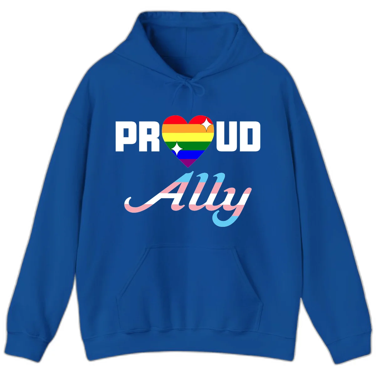 Proud ally pride design with rainbow heart and trans flag script text on gray background in Royal