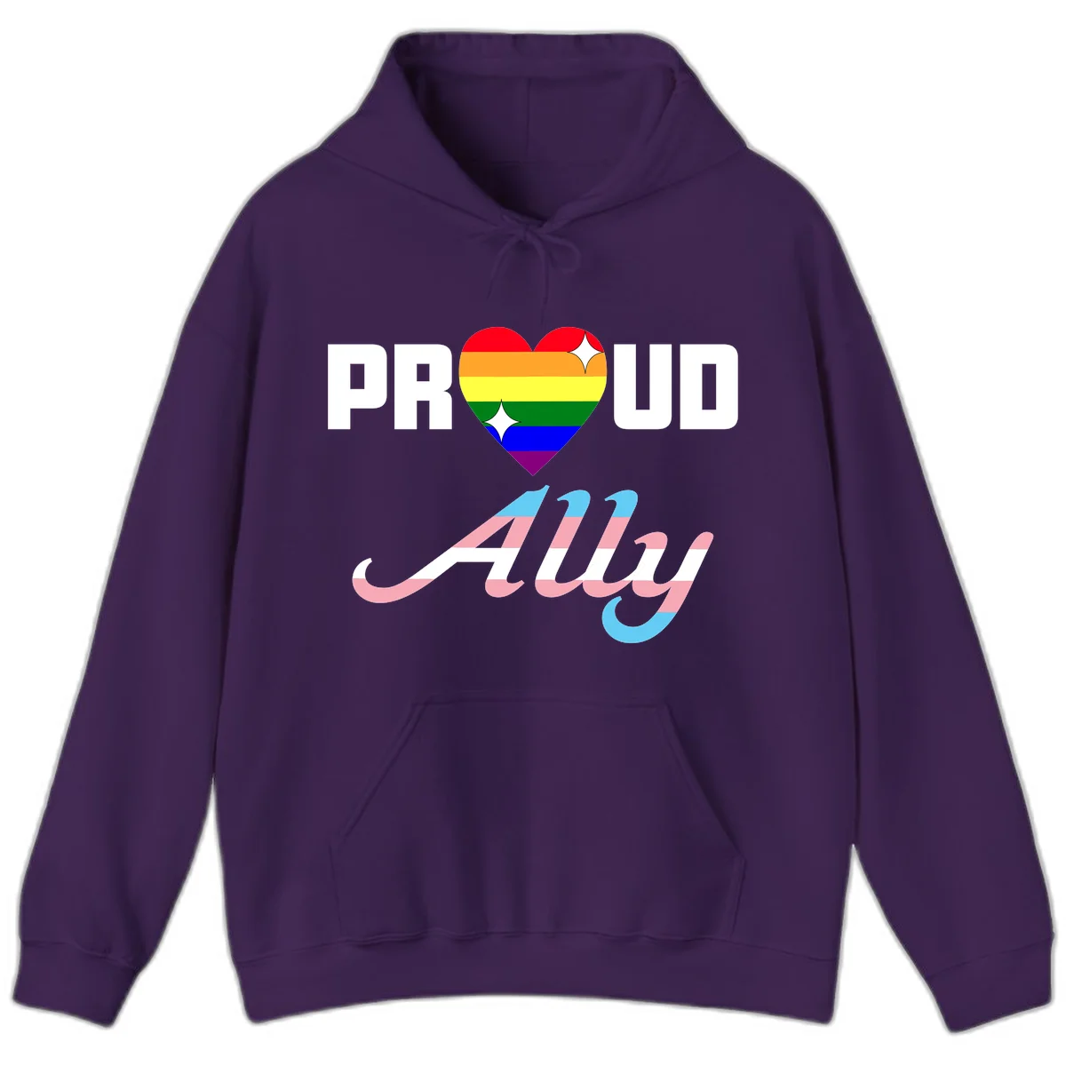 Proud ally pride design with rainbow heart and trans flag script text on gray background in Purple
