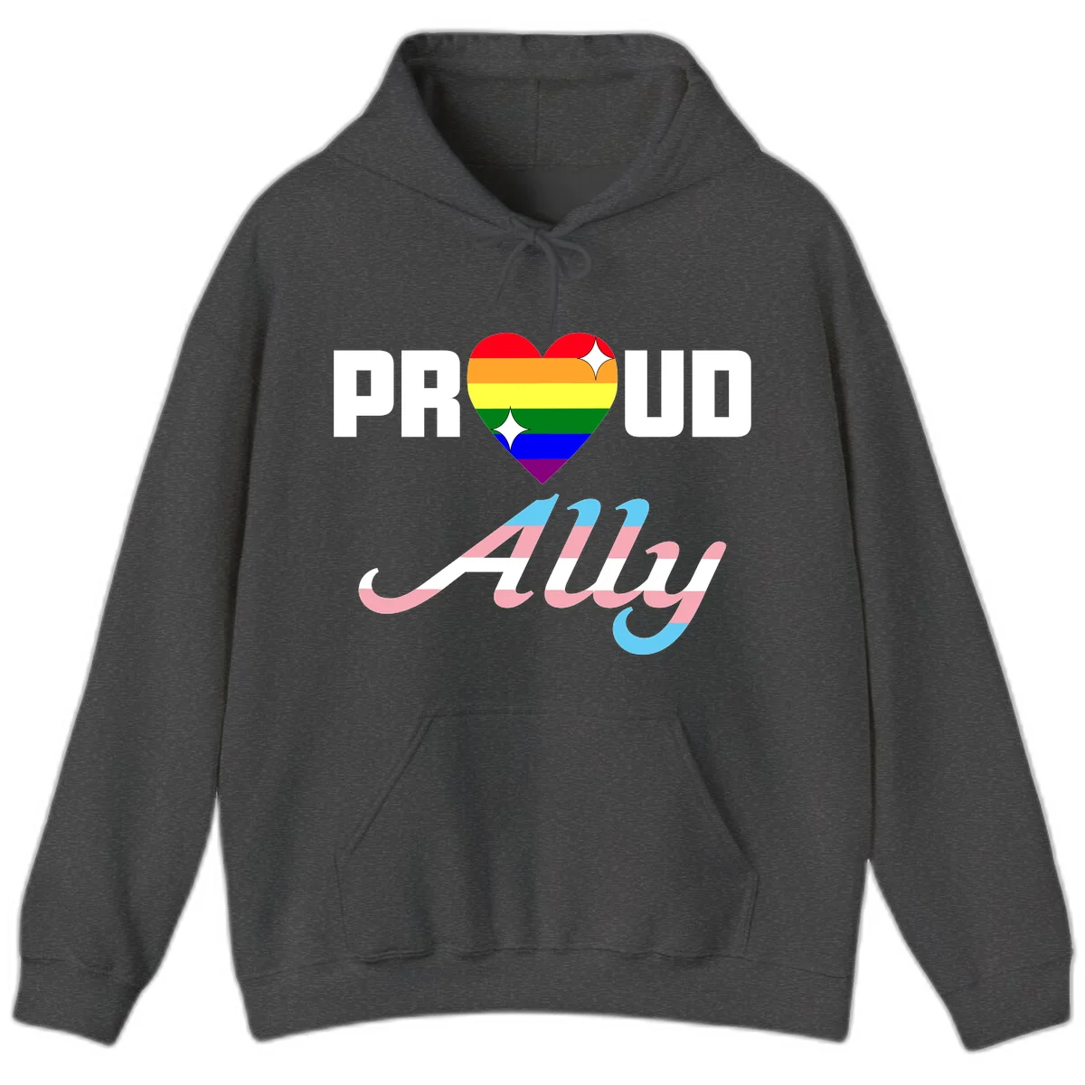 Proud ally pride design with rainbow heart and trans flag script text on gray background in Dark Heather