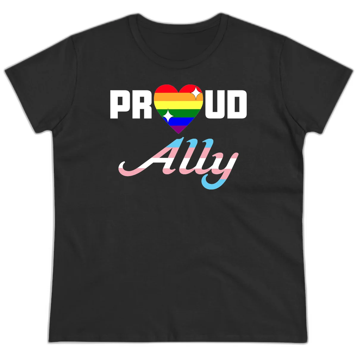 Proud ally pride design with rainbow heart and trans flag script text on gray background in Black