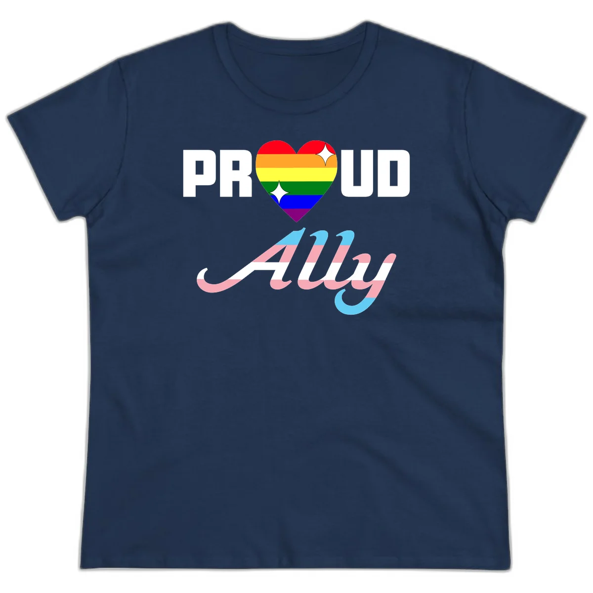 Proud ally pride design with rainbow heart and trans flag script text on gray background in Navy