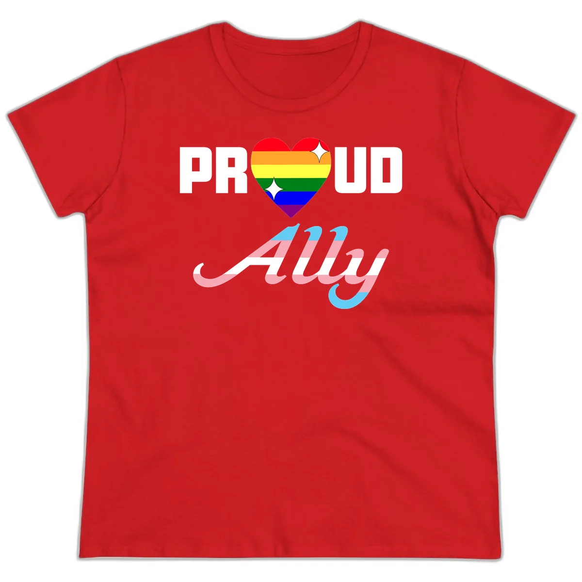 Proud ally pride design with rainbow heart and trans flag script text on gray background in Red