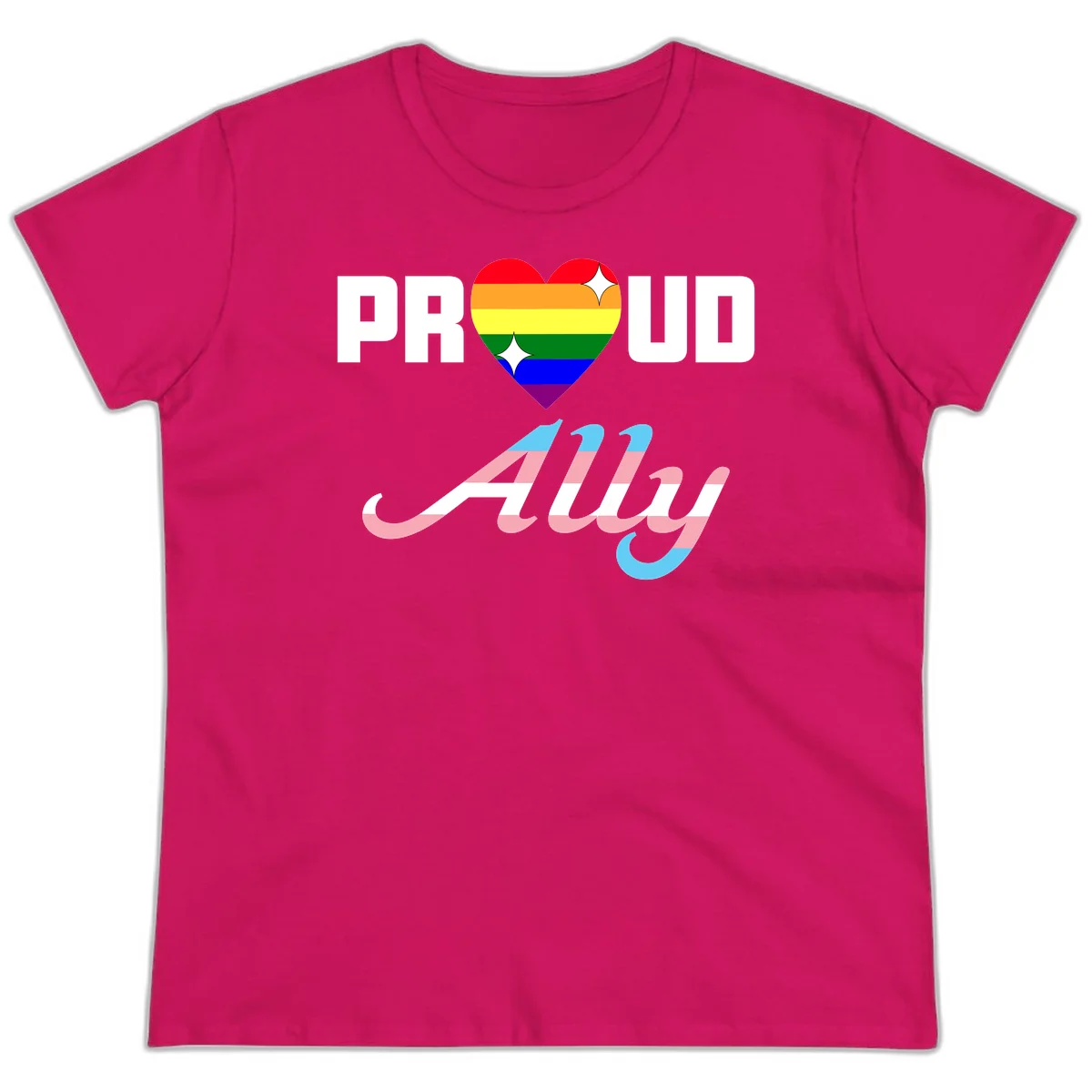 Proud ally pride design with rainbow heart and trans flag script text on gray background in Heliconia