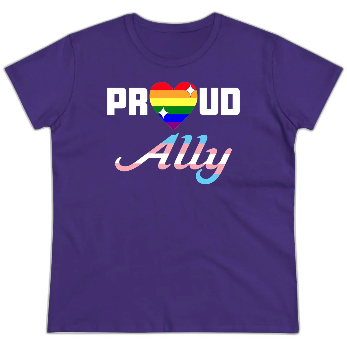 Proud ally pride design with rainbow heart and trans flag script text on gray background in Purple