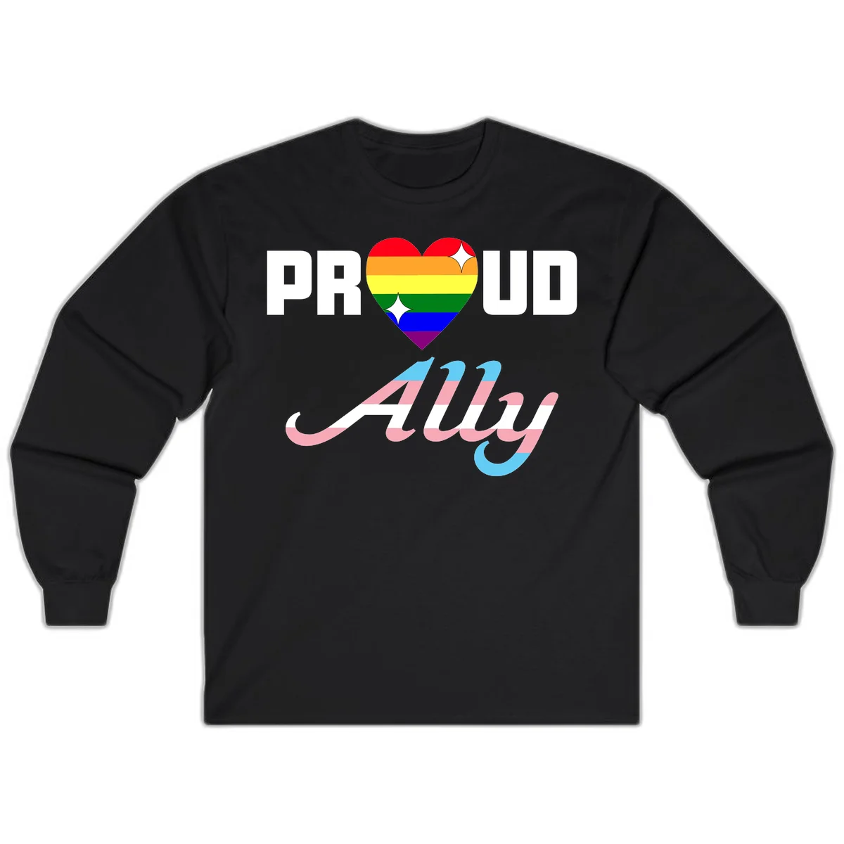 Proud ally pride design with rainbow heart and trans flag script text on gray background in Black