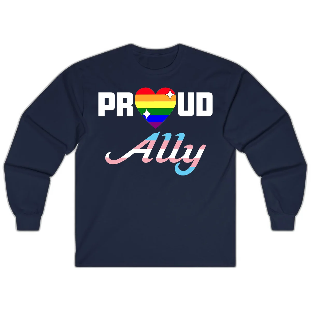 Proud ally pride design with rainbow heart and trans flag script text on gray background in Navy