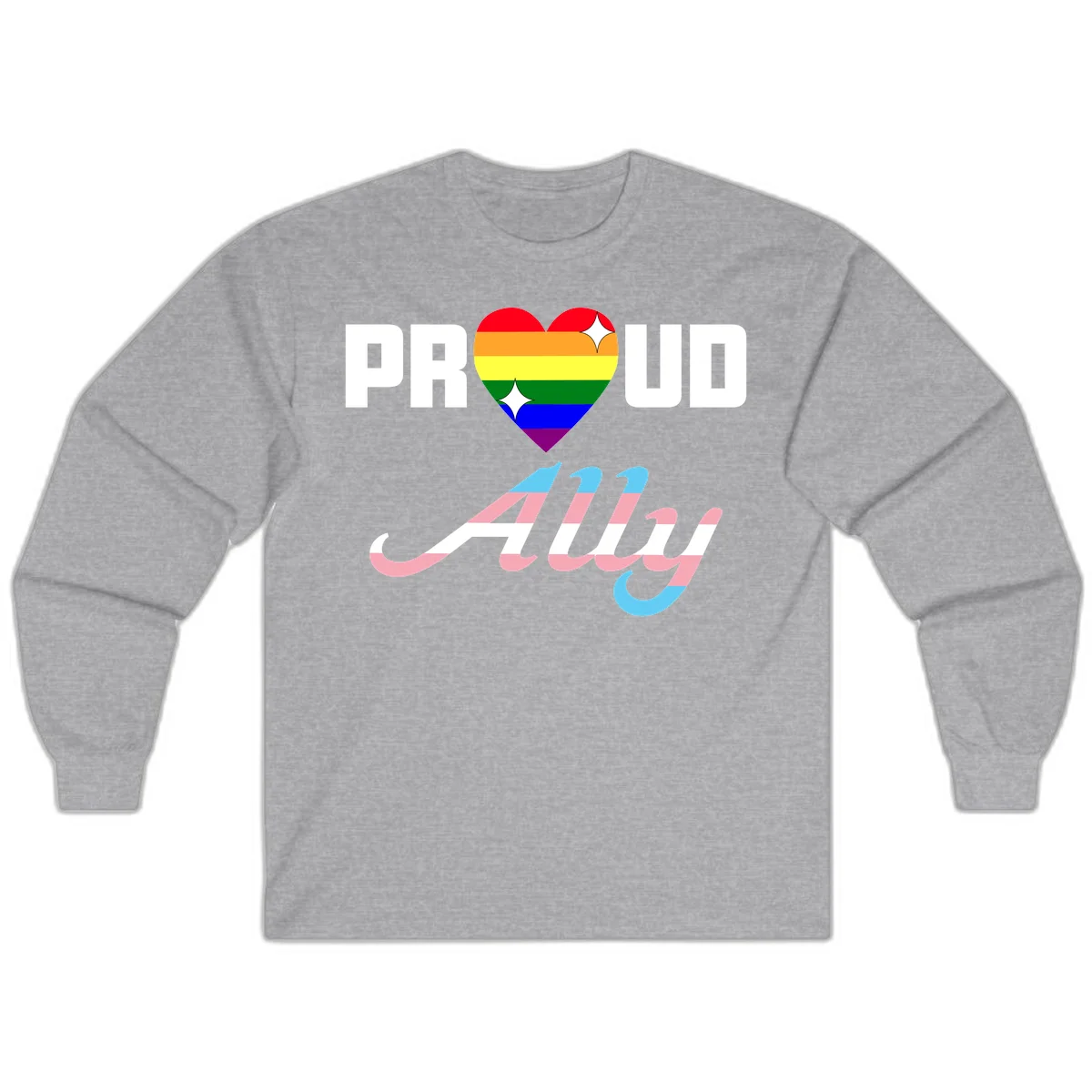 Proud ally pride design with rainbow heart and trans flag script text on gray background in Sport Grey