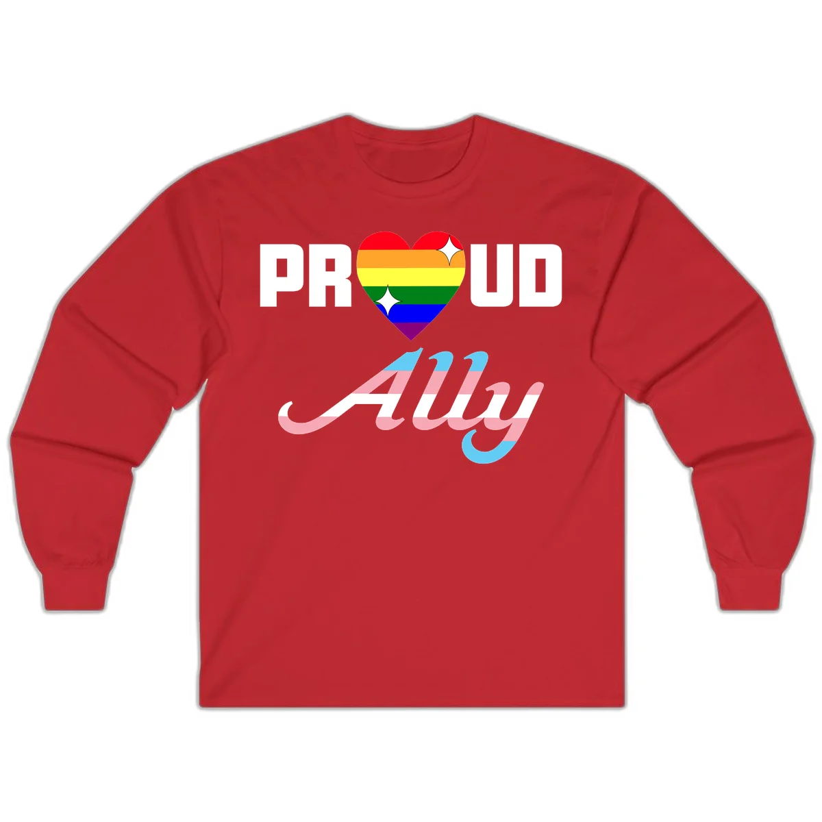 Proud ally pride design with rainbow heart and trans flag script text on gray background in Red