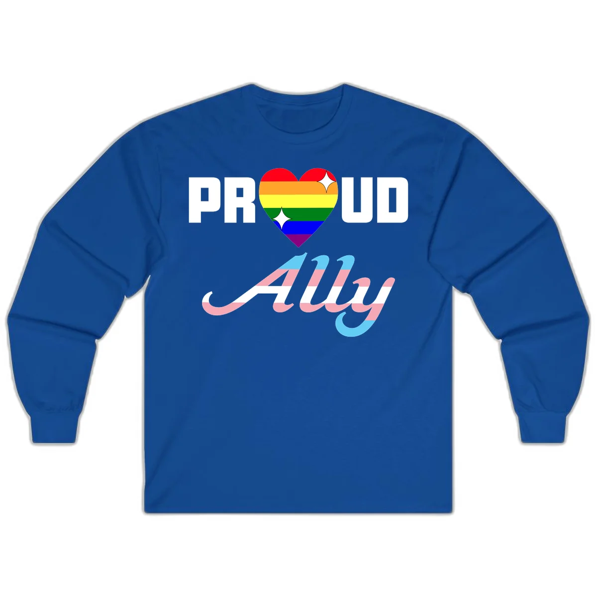 Proud ally pride design with rainbow heart and trans flag script text on gray background in Royal