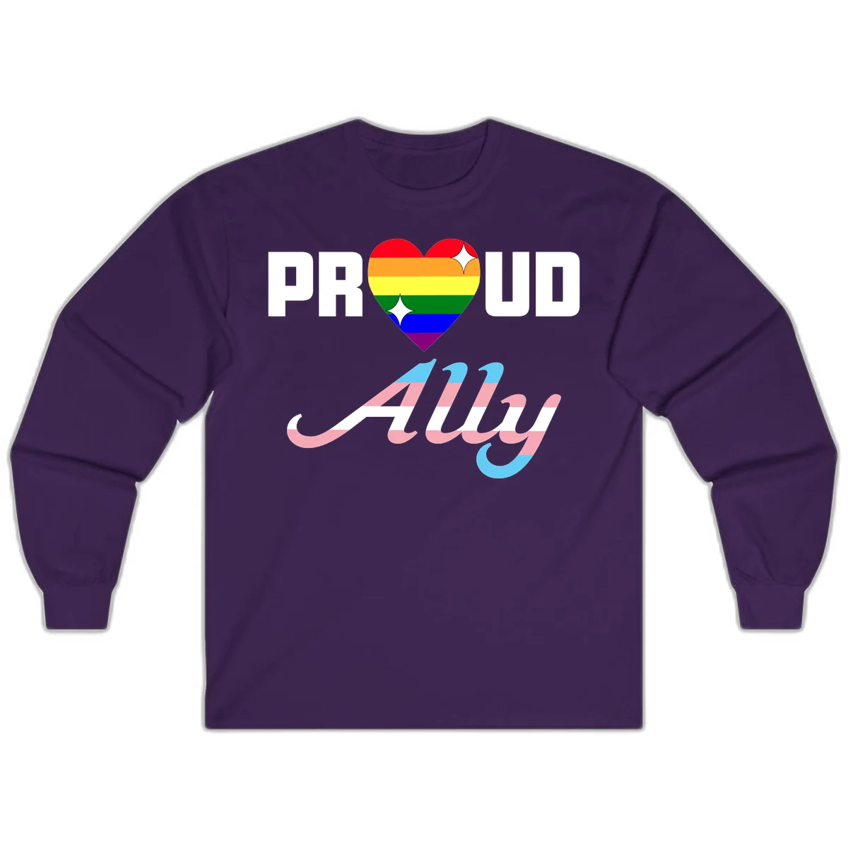 Proud ally pride design with rainbow heart and trans flag script text on gray background in Purple