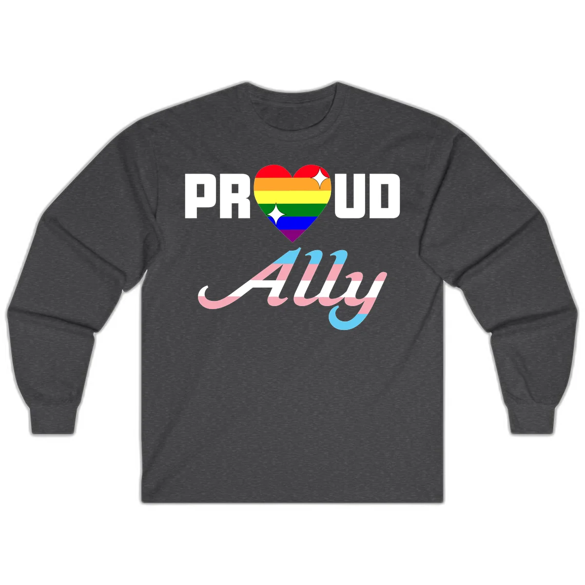 Proud ally pride design with rainbow heart and trans flag script text on gray background in Dark Heather