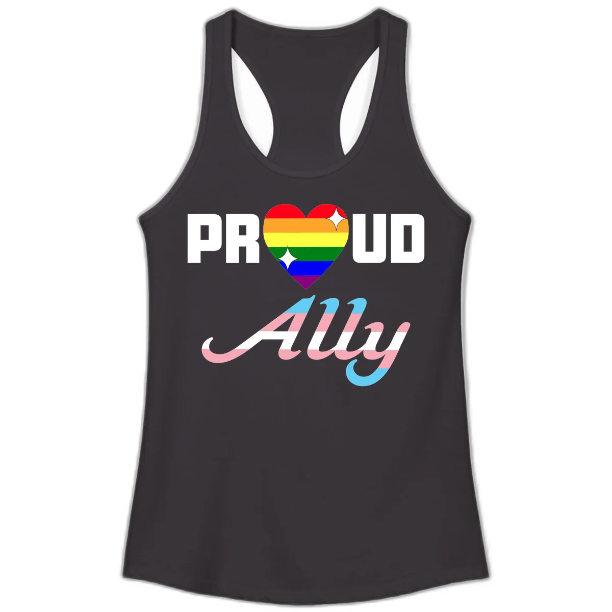 Proud ally pride design with rainbow heart and trans flag script text on gray background in Black