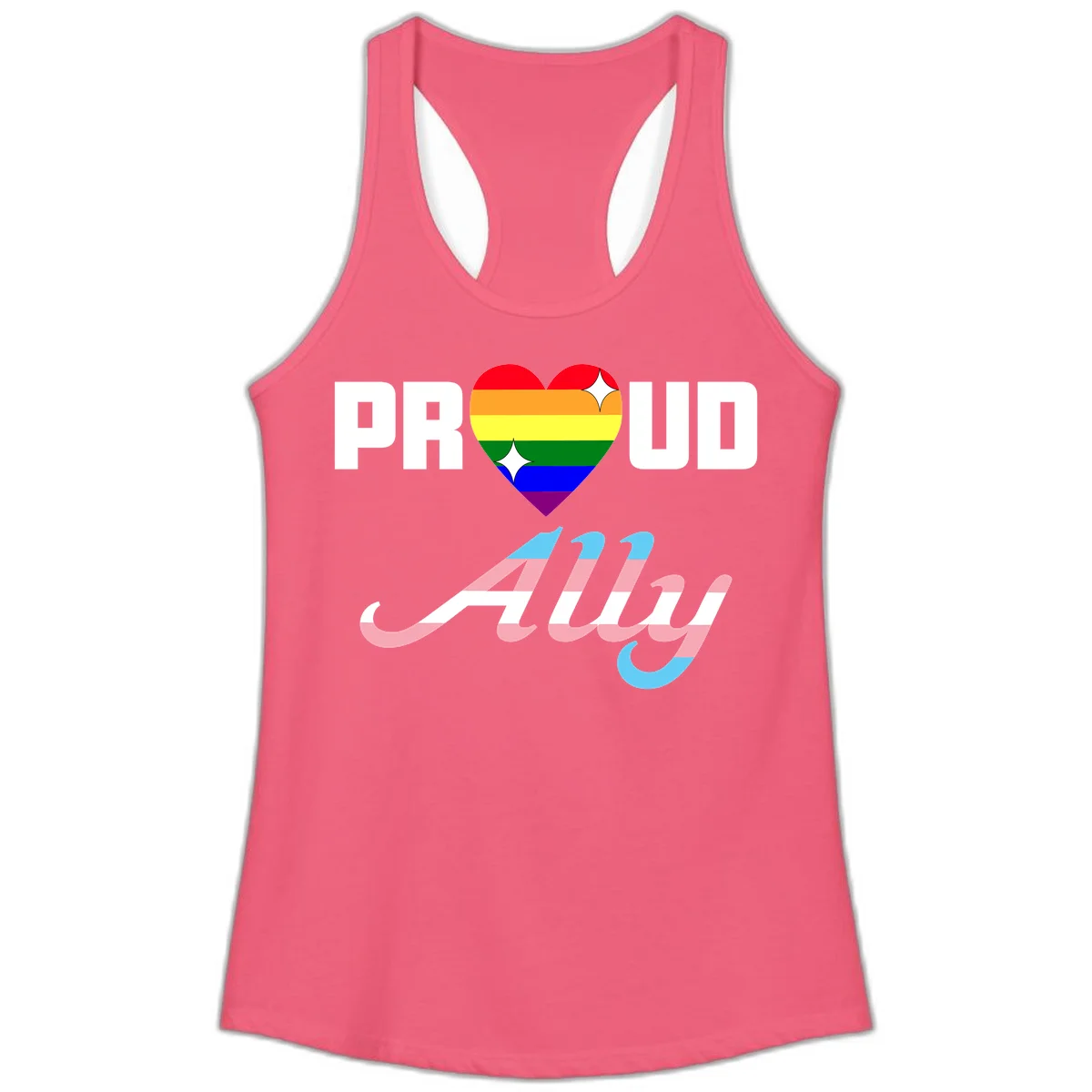 Proud ally pride design with rainbow heart and trans flag script text on gray background in Hot Pink