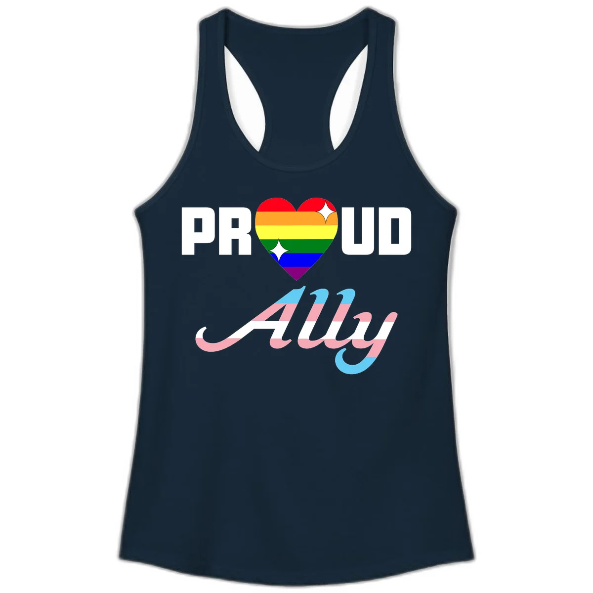 Proud ally pride design with rainbow heart and trans flag script text on gray background in Solid Midnight Navy