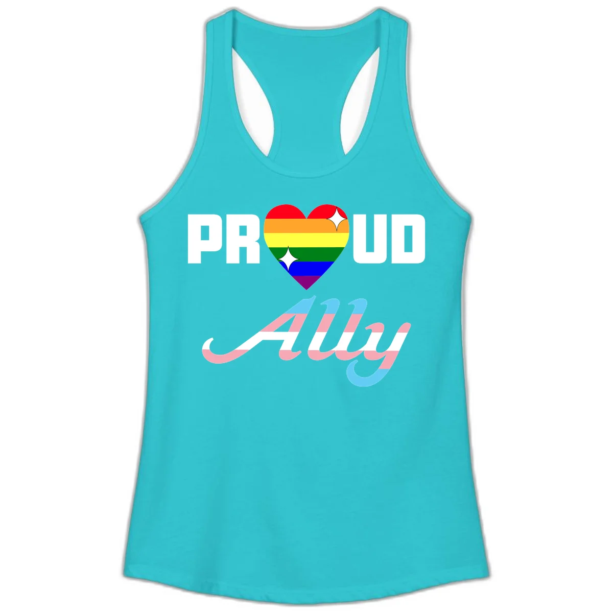Proud ally pride design with rainbow heart and trans flag script text on gray background in Solid Tahiti Blue
