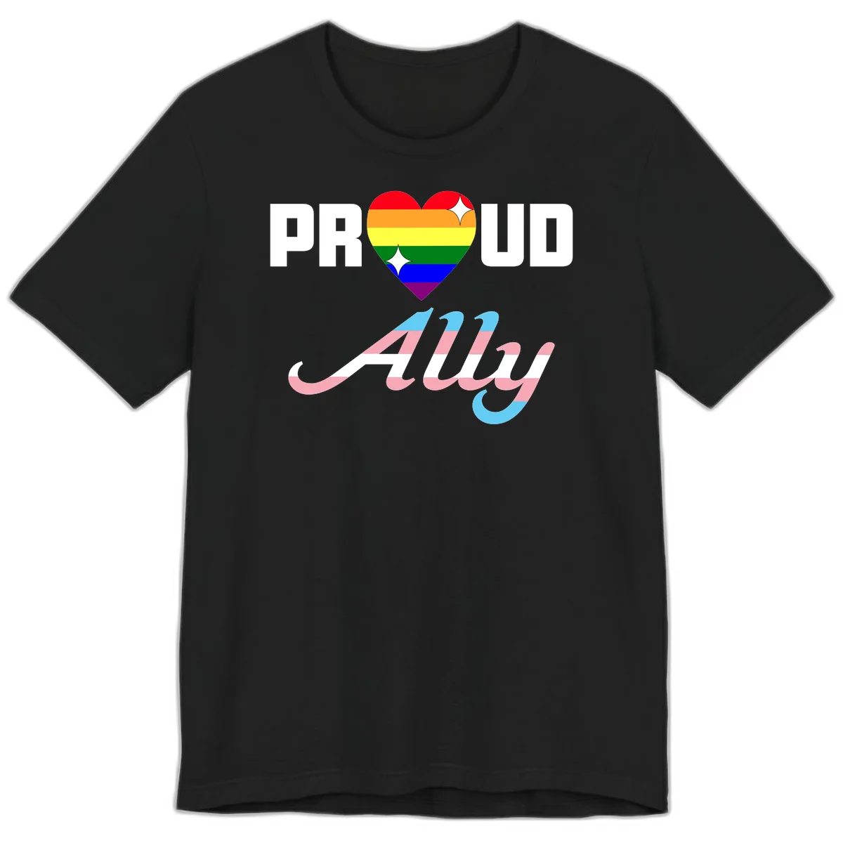Proud ally pride design with rainbow heart and trans flag script text on gray background in Black
