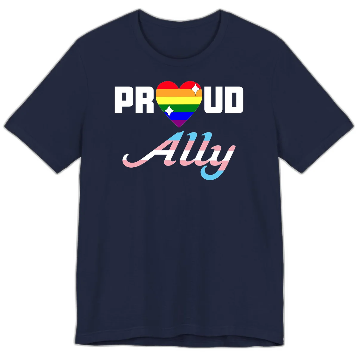 Proud ally pride design with rainbow heart and trans flag script text on gray background in Navy