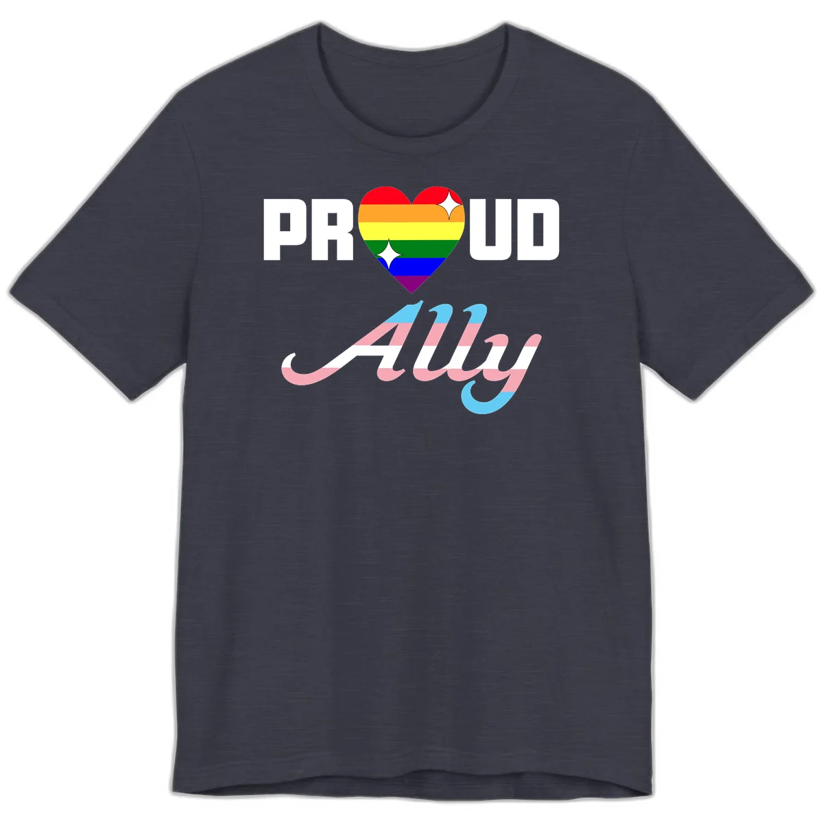 Proud ally pride design with rainbow heart and trans flag script text on gray background in Heather Midnight Navy