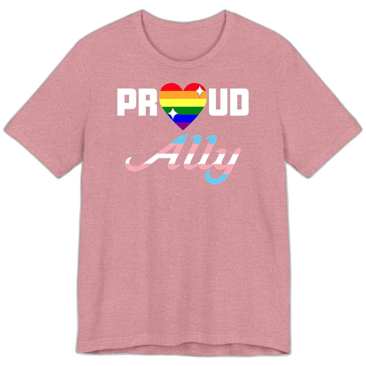 Proud ally pride design with rainbow heart and trans flag script text on gray background in Heather Orchid