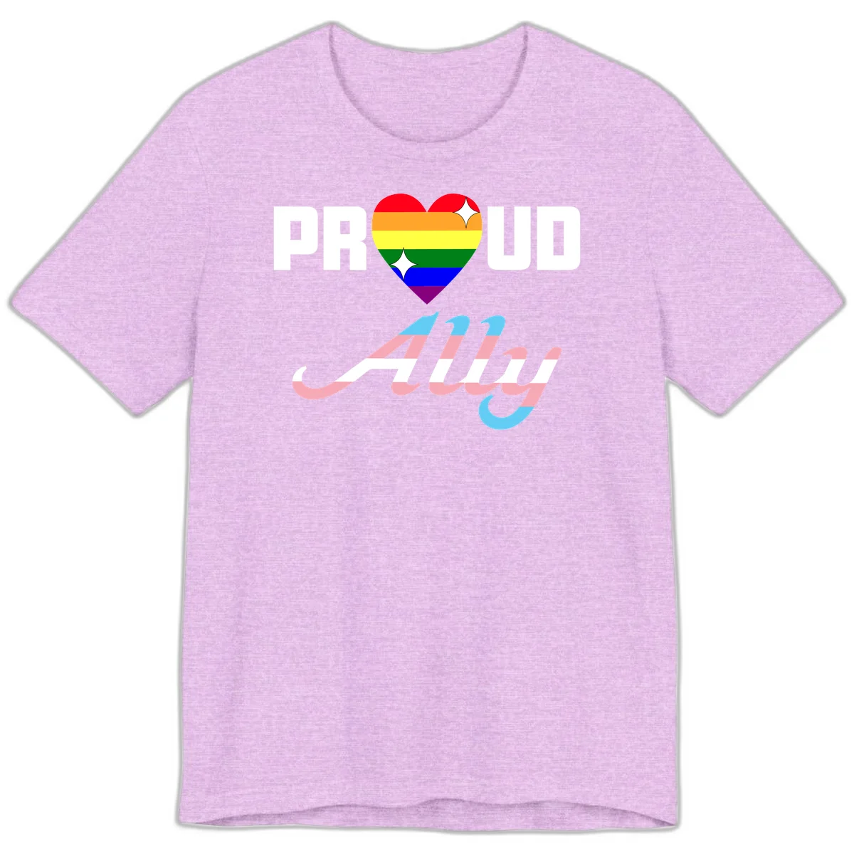 Proud ally pride design with rainbow heart and trans flag script text on gray background in Heather Prism Lilac