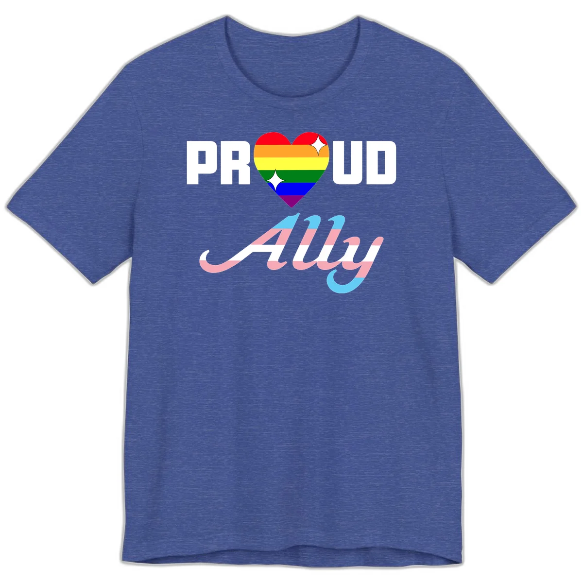 Proud ally pride design with rainbow heart and trans flag script text on gray background in Heather True Royal