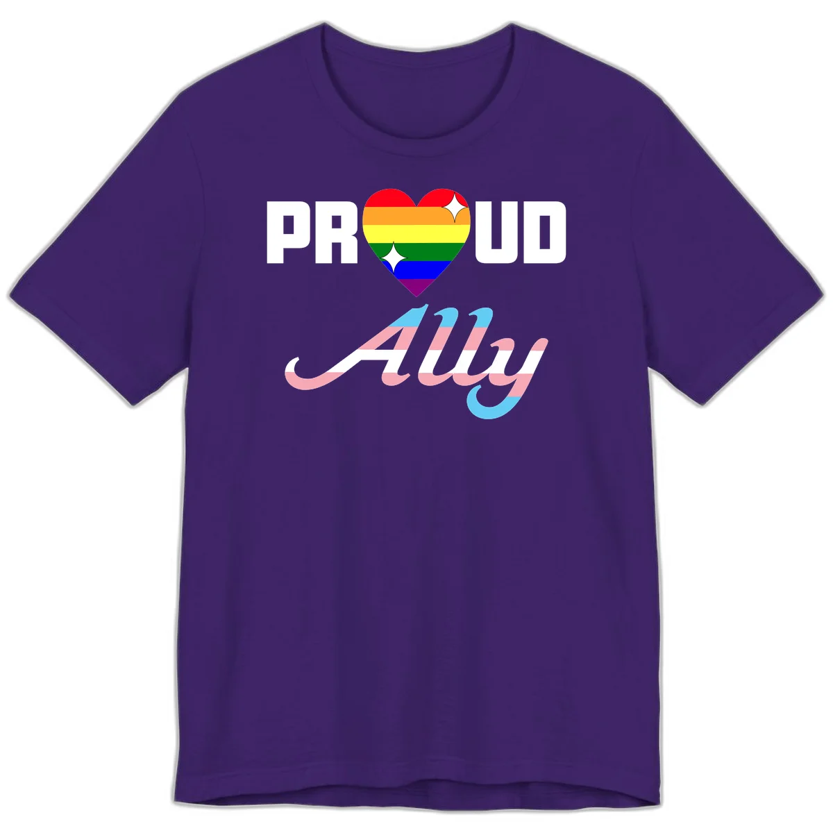 Proud ally pride design with rainbow heart and trans flag script text on gray background in Team Purple