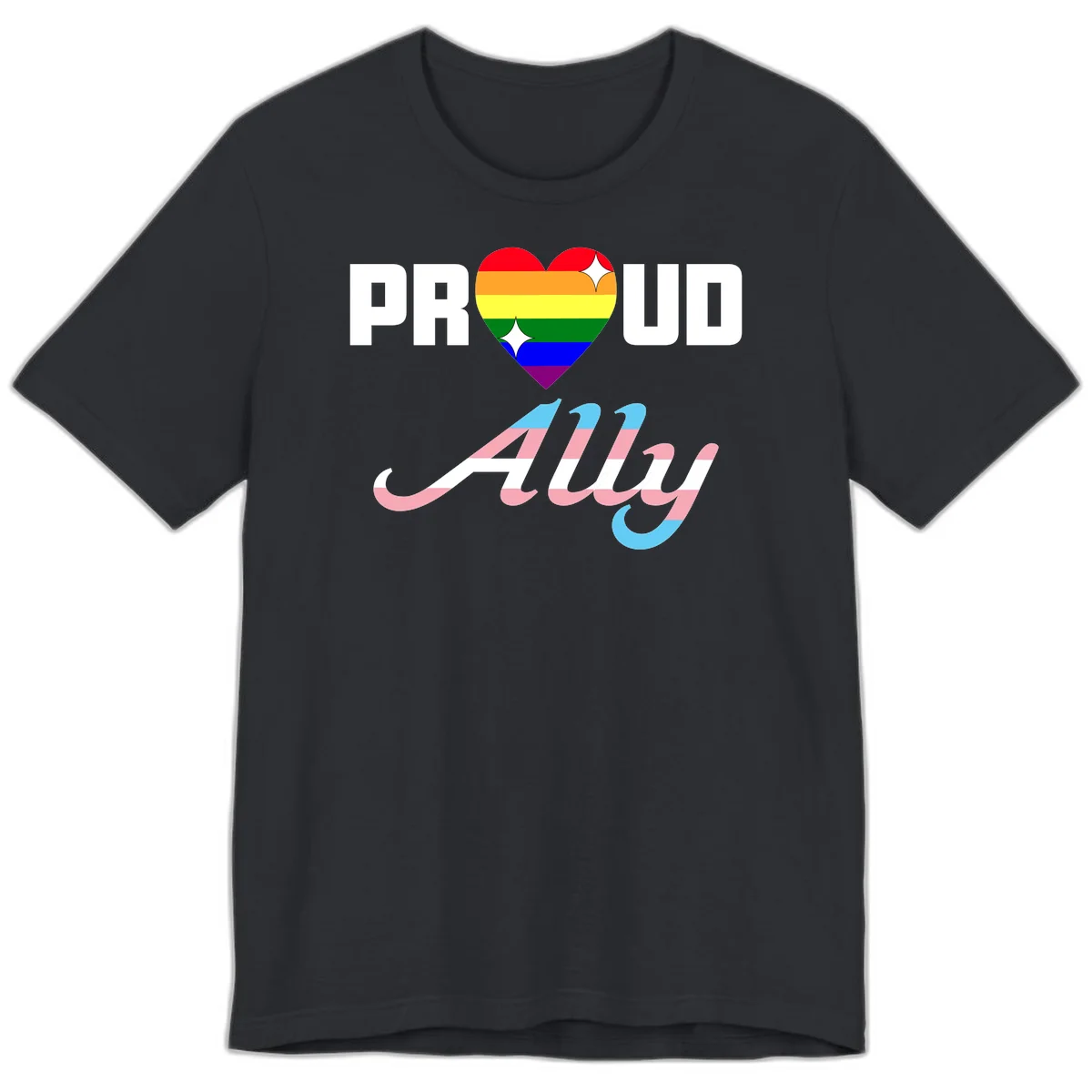 Proud ally pride design with rainbow heart and trans flag script text on gray background in Vintage Black