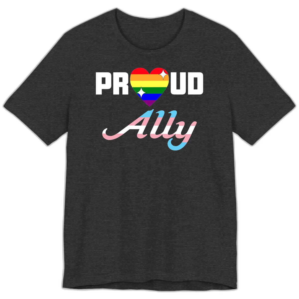 Proud ally pride design with rainbow heart and trans flag script text on gray background in Dark Grey Heather