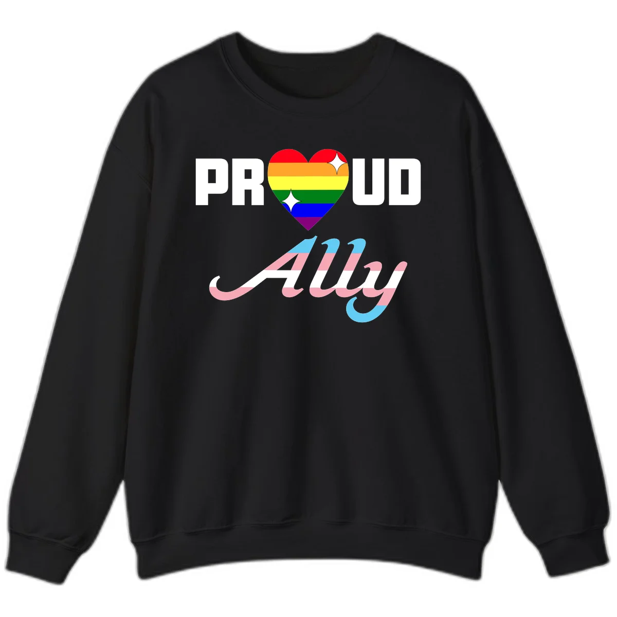 Proud ally pride design with rainbow heart and trans flag script text on gray background in Black