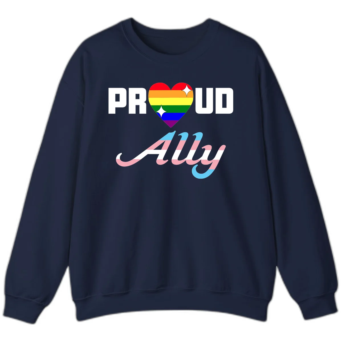 Proud ally pride design with rainbow heart and trans flag script text on gray background in Navy