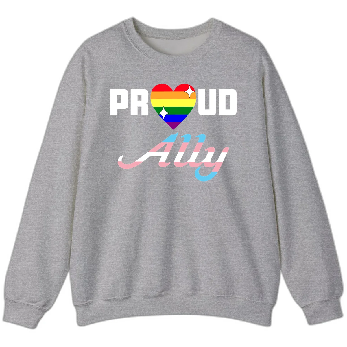 Proud ally pride design with rainbow heart and trans flag script text on gray background in Sport Grey