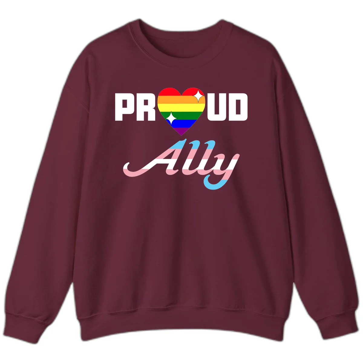 Proud ally pride design with rainbow heart and trans flag script text on gray background in Maroon