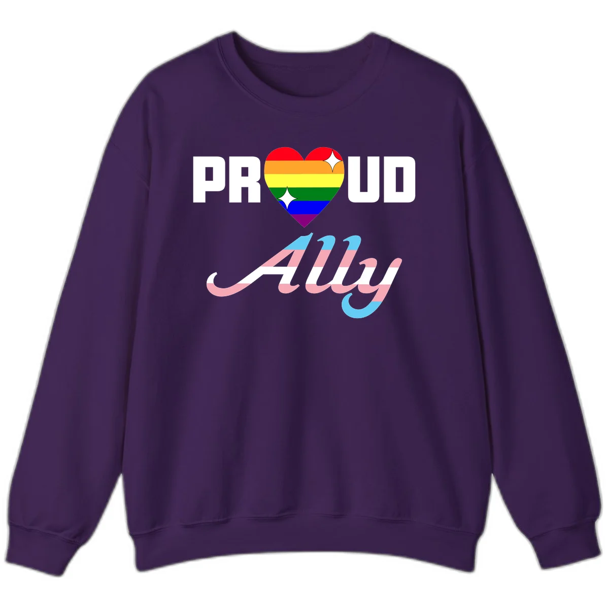 Proud ally pride design with rainbow heart and trans flag script text on gray background in Purple