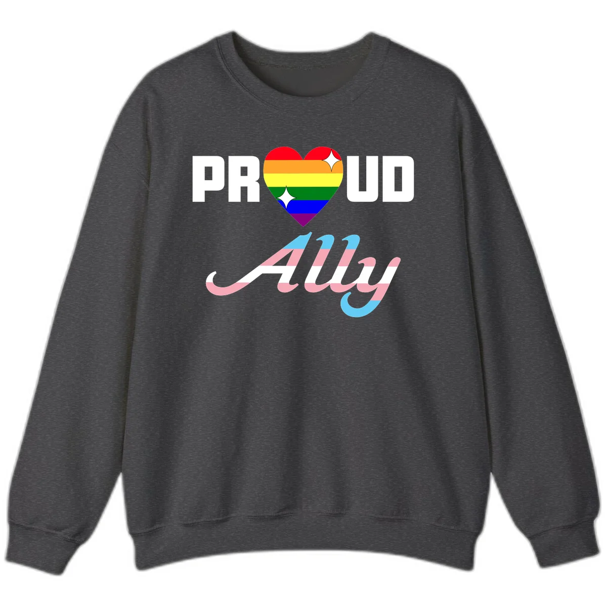 Proud ally pride design with rainbow heart and trans flag script text on gray background in Dark Heather