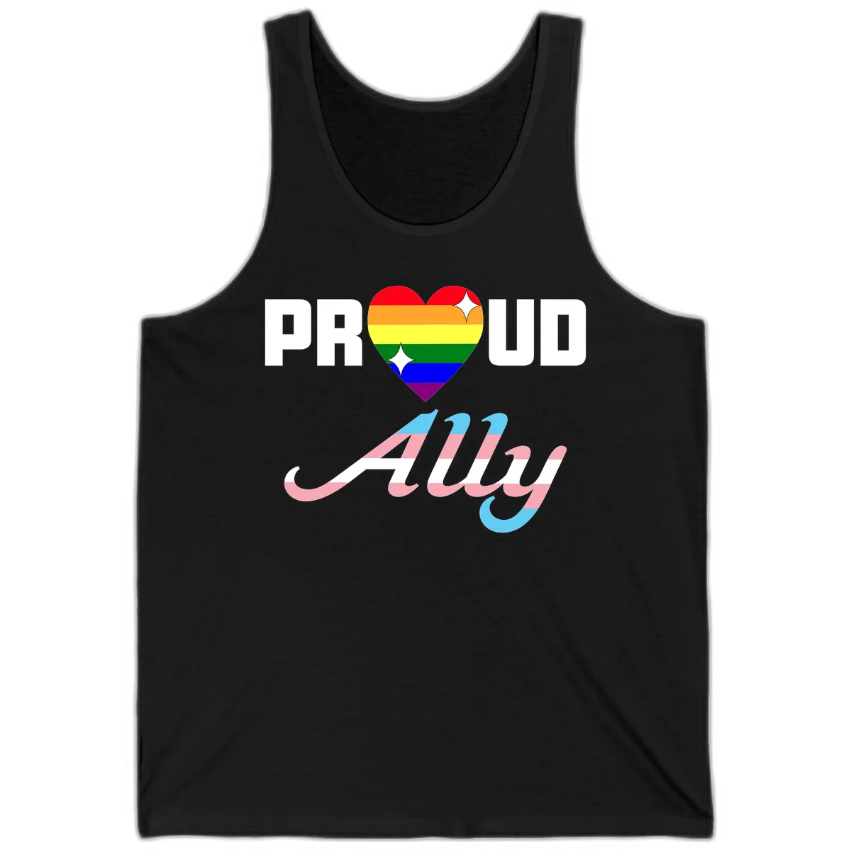 Proud ally pride design with rainbow heart and trans flag script text on gray background in Black