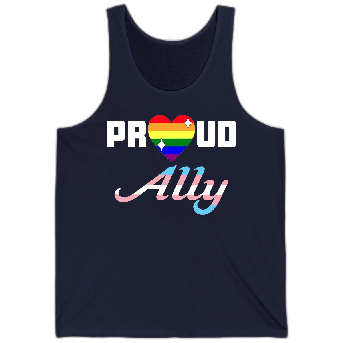 Proud ally pride design with rainbow heart and trans flag script text on gray background in Navy